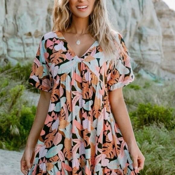 Cupshe V-Neck Tropical Short Sleeve Loose Mini Dress NWOT SZ XL - Picture 1 of 10